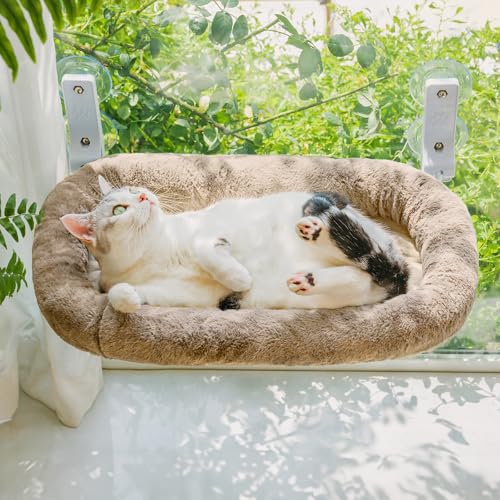 MEWOOFUN Großes Katzen Hängematte Fenster mit Abnehmbarem Dickem Bezug - Faltbare Hängematte Katze Fenster Stabil für Katzen, Katzen Hängematte mit 4 starken Saugnäpfen hält 18kg (Kamel, M) von MEWOOFUN