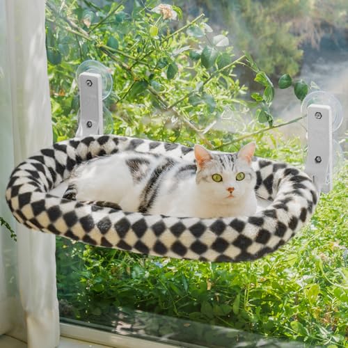 MEWOOFUN Großes Katzen Hängematte Fenster mit Abnehmbarem Dickem Bezug - Faltbare Hängematte Katze Fenster Stabil für Katzen, Katzen Hängematte mit 4 starken Saugnäpfen hält 18kg (Schachbrett, M) von MEWOOFUN