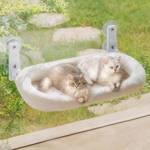 MEWOOFUN Großes Katzen Hängematte Fenster mit Abnehmbarem Dickem Bezug - Faltbare Hängematte Katze Fenster Stabil für Katzen, Katzen Hängematte mit 4 starken Saugnäpfen hält 18kg (Weiß, L) von MEWOOFUN