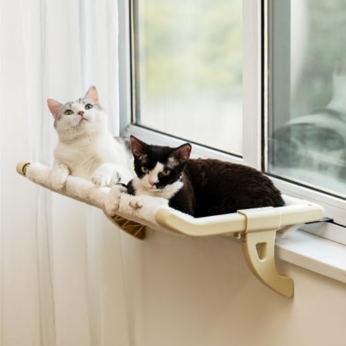 MEWOOFUN Hängematte Katze Heizung Katzen Fenster Hängematte für Katzen – 60 x 36cm Verstellbarer Katzen Fensterbet, stabiles Katzenhängematte Katzenbett für bis zu 18 kg (2-in-1 beige) von MEWOOFUN