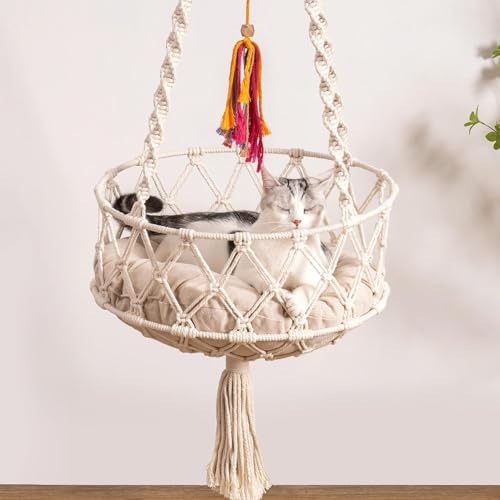 MEWOOFUN Handgewebte Makramee Katzenhängematte Katzennester mit Katzenspielzeug - Boho Katzenschaukel für Indoor-Katzen, dekoratives hängendes Katzenbett zum Schlafen, Spielen und Entspannen MEWOOFUN Handgewebte Makramee Katzenhängematte Katzennester mit Katzenspielzeug - Boho Katzenschaukel für Indoor-Katzen, dekoratives hängendes Katzenbett zum Schlafen, Spielen und Entspannen von MEWOOFUN