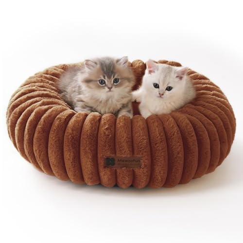 MEWOOFUN Hunde-Donut-Betten für kleine Hunde, beruhigendes Hundebett, rundes süßes Welpenbett mit Rutschfester Unterseite, Flauschiges (Braun, 50x50x15cm) von MEWOOFUN