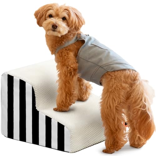 MEWOOFUN Hundetreppe für kleine Hunde, 2-stöckige Hundetreppe für Bett, Couch, mit hochdichtem Schwamm, waschbarer Bezug, Haustiertreppen, hält bis zu 22,7 kg, für kleine, mittelgroße Hunde, Weiß von MEWOOFUN