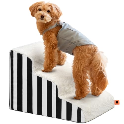 MEWOOFUN Hundetreppe für kleine Hunde, 3-stöckige Hundetreppe für Bett, Couch, mit hochdichtem Schwamm, waschbarer Bezug, Haustiertreppen, hält bis zu 22,7 kg, für kleine, mittelgroße Hunde, Weiß von MEWOOFUN