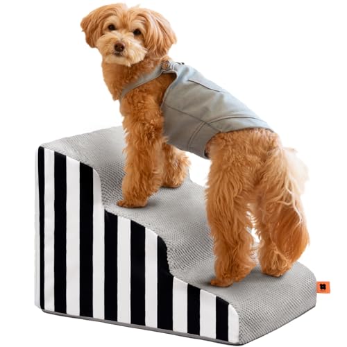 MEWOOFUN Hundetreppe für kleine Hunde, 3-stöckige Hundetreppe für Bett, Couch, mit hochdichtem Schwamm, waschbarer Bezug, Haustiertreppen, hält bis zu 22,7 kg, für kleine, mittelgroße Hunde, Grau von MEWOOFUN