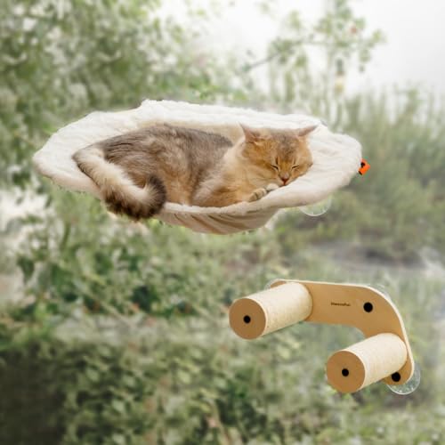 MEWOOFUN Katzenhängematte mit 2 Treppen, schnurloses Fensterbett mit 3 Saugnäpfen, 68 cm breite Holzhängematte für Indoor-Katzen von MEWOOFUN