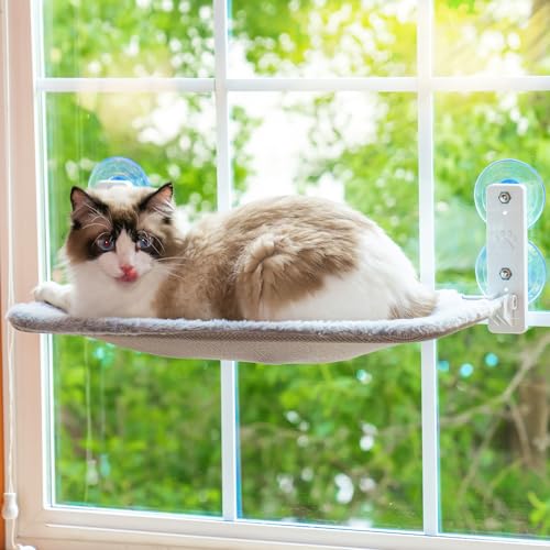 MEWOOFUN Katzen Hängematte Fensterplätze für Katzen 54x30cm Klappbar Katzenbett Fenster mit Stabil Saugnäpfe bis zu 18kg (Grau, Mittel) von MEWOOFUN