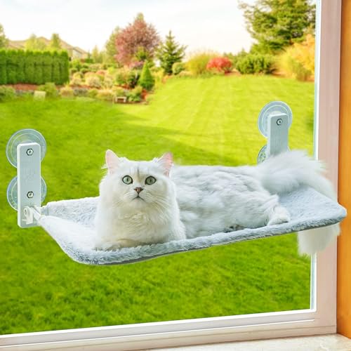 MEWOOFUN Katzen Hängematte Fensterplätze für Katzen 54x30cm Klappbar Katzenbett Fenster mit Stabil Saugnäpfe bis zu 18kg, Grey von MEWOOFUN