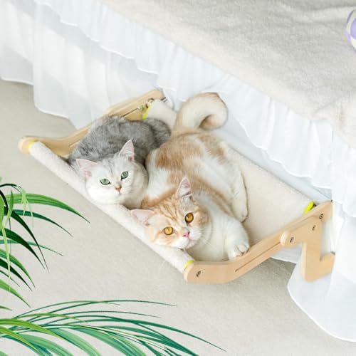 MEWOOFUN Katzen Hängematte heizung Fensterplätze für Katzen Fensterbankliege Katzenhängebett Fenster Platzsparendes Design bis zu 18kg 55x40cm, Large Beige von MEWOOFUN