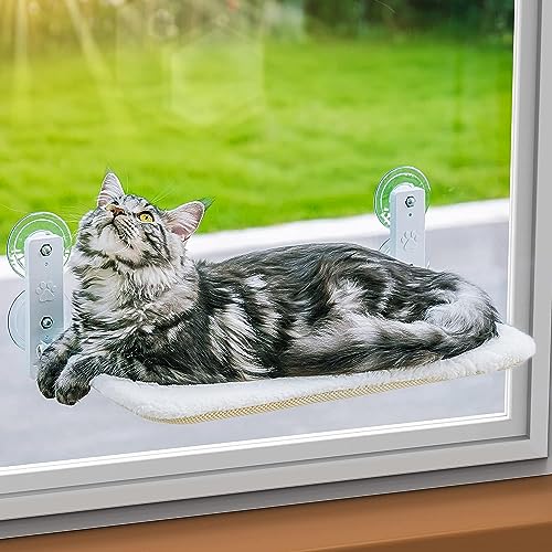 MEWOOFUN Katzen Hängematte Fensterplätze für Katzen 54x30cm Klappbar Katzenbett Fenster mit Stabil Saugnäpfe bis zu 18kg (Weiß, Mittel) von MEWOOFUN