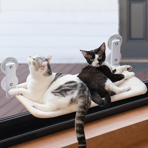 MEWOOFUN Katzen Hängematte Fensterplätze für Katzen 60x30cm Klappbar Katzenbett Fenster mit Stabil Saugnäpfe bis zu 18kg, White von MEWOOFUN