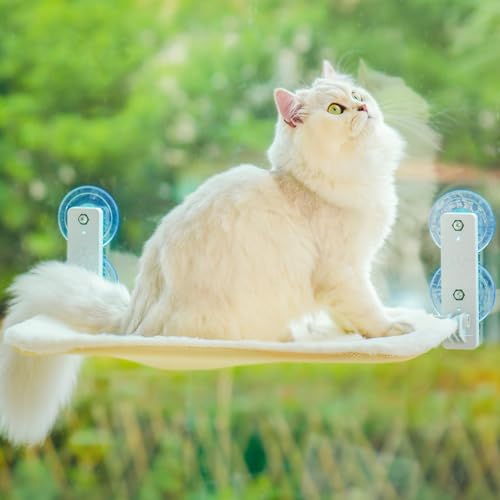 MEWOOFUN Katzen Hängematte Fensterplätze für Katzen 60x30cm Klappbar Katzenbett Fenster mit Stabil Saugnäpfe bis zu 18kg, White von MEWOOFUN