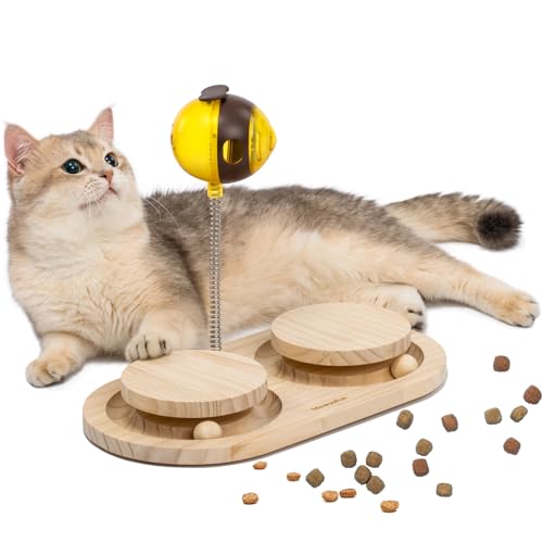 MEWOOFUN Katzen-Leckerli-Spielzeug, Holz-Katzenballbahn mit Bienen Leckerli-Ball, Katzen-Puzzle-Futterspender für Indoor-Katzen Hunde, Interaktiver Katzenfutterspender mit Federspielzeug, von MEWOOFUN