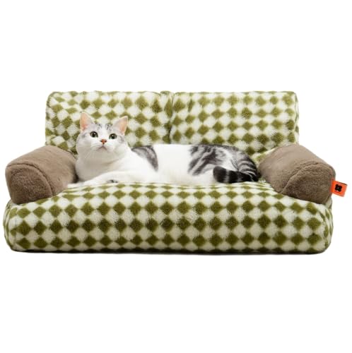 MEWOOFUN Katzenbett, Flauschig und weich Katzensofa Katzencouchbett für mittlere und kleine Hunde/Katzen, süßes Katzenbett mit Rutschfester Unterseite, Grün 66x48cm von MEWOOFUN