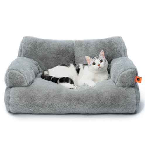 MEWOOFUN groß Katzenbett kleines Hundesofa Flauschig und waschbar Katzensofa Hundebett für Katzen, weich Katzenbett katzencouch mit Rutschfester Unterseite, Grau 66x48cm von MEWOOFUN