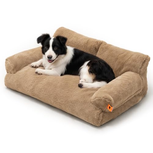 MEWOOFUN Katzenbett, Flauschig und weich Katzensofa Katzencouchbett für mittlere und kleine Hunde/Katzen, süßes Katzenbett mit Rutschfester Unterseite (Khaki, L) von MEWOOFUN