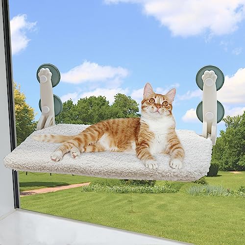 MEWOOFUN Katzenbett Fenster 54x30cm Klappbar Hängematte Katze Fenster Katze Fensterbank mit Stabil Saugnäpfe bis zu 18kg, Beige von MEWOOFUN