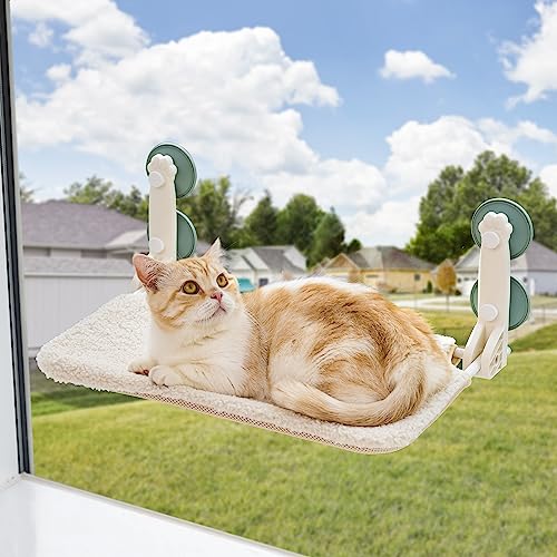 MEWOOFUN Katzen Hängematte Fenster katzenbett Fenster Wendbare Matte - Katzen Fensterliege mit Aktualisierung stark Saugnäpfe bis zu 18kg (Beige, S) von MEWOOFUN