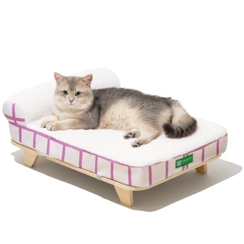 MEWOOFUN Katzenbett für Indoor-Katzen, erhöhtes Katzenbett mit rutschfester Unterseite, orthopädisches Hundebett für kleine Hunde mit abnehmbarem, waschbarem Bezug, modernes Haustiermöbel aus Holz, von MEWOOFUN