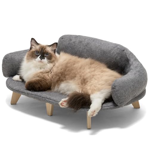 MEWOOFUN Katzenbett mit abnehmbarem, waschbarem Bezug, erhöhte Katzen-Couch für Katzen und kleine mittelgroße Hunde, Holz-Haustiersofa, modernes Haustiermöbel (M-Canvas, Grau) von MEWOOFUN