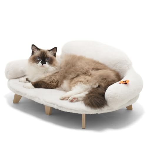 MEWOOFUN Katzenbett mit abnehmbarem, waschbarem Bezug, erhöhte Katzen-Couch für Katzen & kleine mittelgroße Hunde, Holz-Haustiersofa, modernes Haustiermöbel (M-Plüsch-Beige) von MEWOOFUN