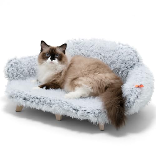 MEWOOFUN Katzenbett mit abnehmbarem, waschbarem Bezug, erhöhte Katzen-Couch für Katzen und kleine mittelgroße Hunde, Holz-Haustiersofa, modernes Haustiermöbel (M-Plüschgrau) von MEWOOFUN