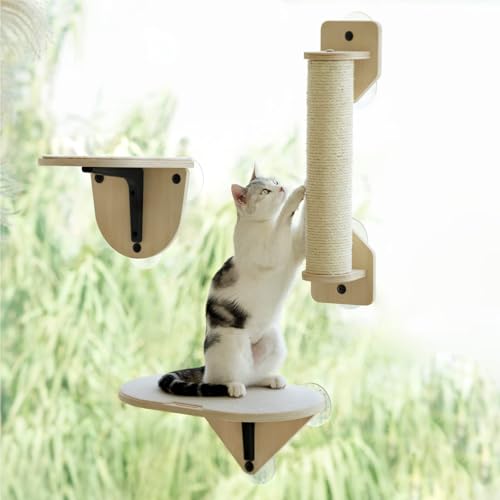 MEWOOFUN Katzenfenster Hängematte mit Kletterstufen und Kratzbaum, Holz Katzenfensterbett, montiertes Katzenbett für Hauskatzen (3-teiliges Set) von MEWOOFUN