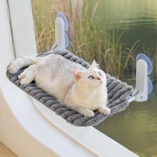 MEWOOFUN Katzenfenster-Sitzstange Faltbar mit abnehmbarem und wendbarem Bezug - Weiche Katzenfenster Hängematte mit verstärktem Stahlrahmen stabil bis 18 kg belastbar (Grau, L) von MEWOOFUN