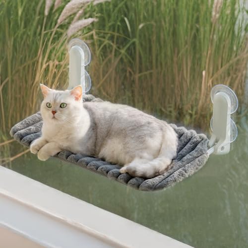 MEWOOFUN Katzenfenster-Sitzstange Faltbar mit abnehmbarem und wendbarem Bezug - Weiche Katzenfenster Hängematte mit verstärktem Stahlrahmen stabil bis 18 kg belastbar (Grau, M) von MEWOOFUN