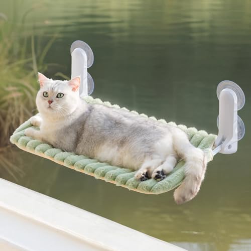 MEWOOFUN Katzenfenster-Sitzstange Faltbar mit abnehmbarem und wendbarem Bezug - Weiche Katzenfenster Hängematte mit verstärktem Stahlrahmen stabil bis 18 kg belastbar (Grün, M) von MEWOOFUN