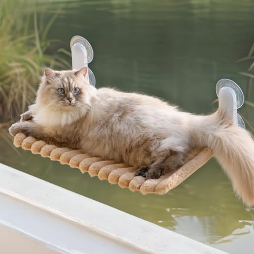 MEWOOFUN Katzenfenster-Sitzstange Faltbar mit abnehmbarem und wendbarem Bezug - Weiche Katzenfenster Hängematte mit verstärktem Stahlrahmen stabil bis 18 kg belastbar (Kamel, L) von MEWOOFUN