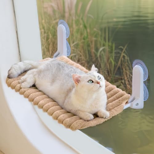 MEWOOFUN Katzenfenster-Sitzstange Faltbar mit abnehmbarem und wendbarem Bezug - Weiche Katzenfenster Hängematte mit verstärktem Stahlrahmen stabil bis 18 kg belastbar (Kamel, M) von MEWOOFUN