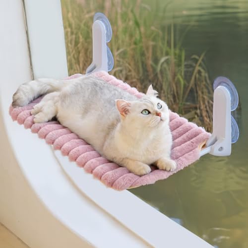 MEWOOFUN Katzenfenster-Sitzstange Faltbar mit abnehmbarem und wendbarem Bezug - Weiche Katzenfenster Hängematte mit verstärktem Stahlrahmen stabil bis 18 kg belastbar (Rosa, M) von MEWOOFUN