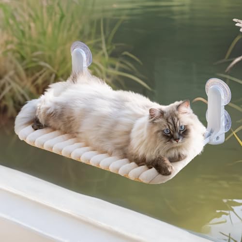 MEWOOFUN Katzenfenster-Sitzstange Faltbar mit abnehmbarem und wendbarem Bezug - Weiche Katzenfenster Hängematte mit verstärktem Stahlrahmen stabil bis 18 kg belastbar (Weiß, L) von MEWOOFUN