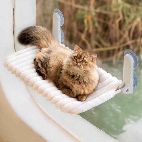 MEWOOFUN Katzenfenster-Sitzstange Faltbar mit abnehmbarem und wendbarem Bezug - Weiche Katzenfenster Hängematte mit verstärktem Stahlrahmen stabil bis 18 kg belastbar (Weiß, M) von MEWOOFUN