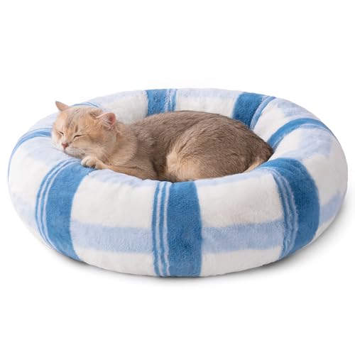 MEWOOFUN Katzensofabett - Wäschebares Katzenbett für Hauskatzen Groß, Flauschiges Beruhigungskätzchenbett für kleine Hunde und Welpen (M, Blau Tartan) von MEWOOFUN
