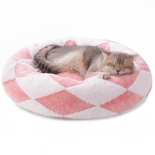 MEWOOFUN Katzensofabett - Wäschebares Katzenbett für Hauskatzen Groß, Flauschiges Beruhigungskätzchenbett für kleine Hunde und Welpen (M, Rosa Argyle) von MEWOOFUN
