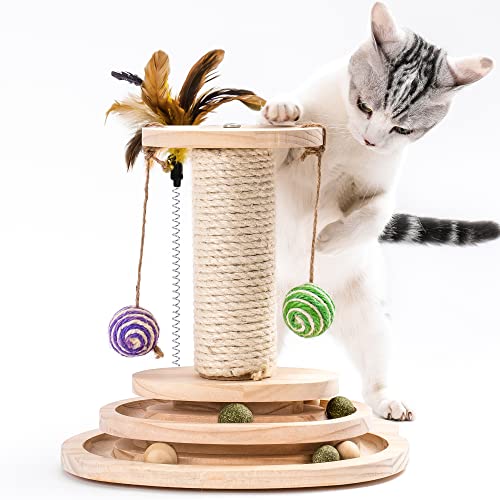 MEWOOFUN Katzenspielzeug aus Holz Roller 2-lagiger Drehteller Interaktives Katzen Spielzeug mit Federn, 3-in-1 kitten spielzeug interaktiven Bällen und hängenden Bällen und Katzenkratzen von MEWOOFUN