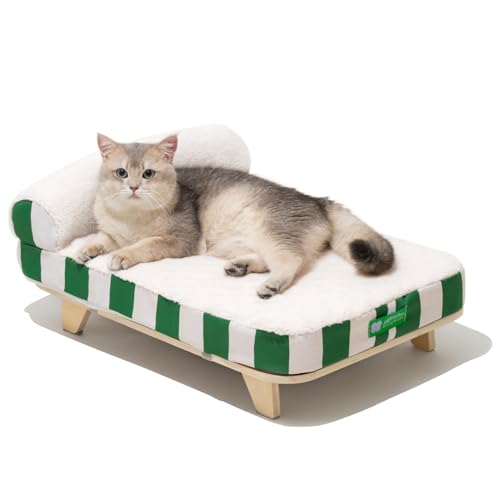 MEWOOFUN Niedliches Katzenbett für Hauskatzen, erhöhtes Katzenbett aus Holz mit abnehmbarem, waschbarem Bezug, orthopädisches Katzenbett mit rutschfester Unterseite, flauschiges Katzenhängemattenbett von MEWOOFUN