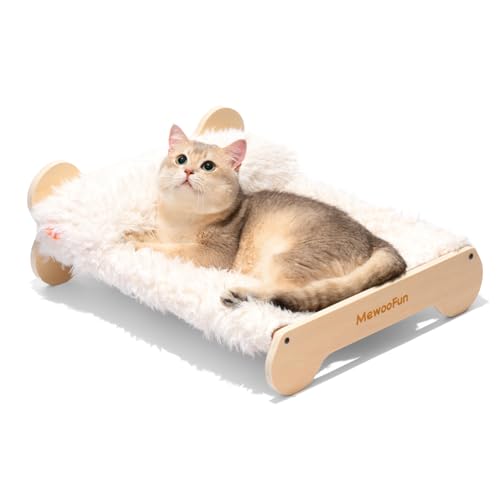 MEWOOFUN Niedliches Katzenbett für Hauskatzen, erhöhtes Katzenbett und Möbel, Katzenbett aus Holz mit Kissen, flauschiges kleines Katzenbett, waschbar, für Kätzchen, Plüsch, Weiß von MEWOOFUN