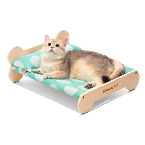 MEWOOFUN Niedliches Katzenbett für Hauskatzen, erhöhtes Katzenbett und Möbel, Katzenbett aus Holz mit Kissen, kleines Katzenbett, waschbar, für Kätzchen, Leinen, Grün von MEWOOFUN