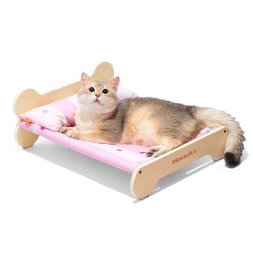 MEWOOFUN Niedliches Katzenbett für Hauskatzen, erhöhtes Katzenbett und Möbel, Katzenbett aus Holz mit Kissen, kleines Katzenbett, waschbar, für Kätzchen, Leinen, Rosa von MEWOOFUN