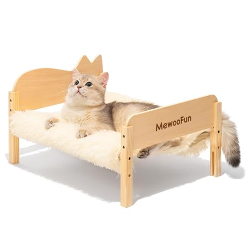 MEWOOFUN Stabiles Katzenbett aus Holz, atmungsaktives Segeltuch, abnehmbares Katzensofa, Hundebett für Katzen und kleine Hunde im Sommer (55 x 40 x 30 cm, Weiß) von MEWOOFUN