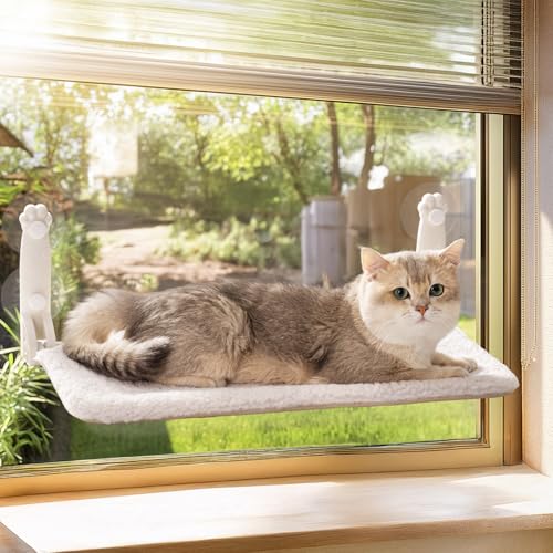 MEWOOFUN Weiche Katzen fensterhängematte – 54x30cm faltbares Katzen fensterbett mit wendbarer Matte, stabile Katzenhängematte hält bis zu 18kg (beige, M) von MEWOOFUN