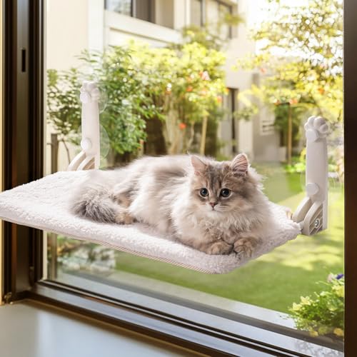 MEWOOFUN Weiche Katzen fensterhängematte – 54x30cm faltbares Katzen fensterbett mit wendbarer Matte, stabile Katzenhängematte hält bis zu 18kg (beige, S) von MEWOOFUN