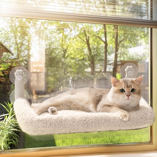 MEWOOFUN Weiche Katzen fensterhängematte – 54x30cm faltbares Katzen fensterbett mit wendbarer Matte, stabile Katzenhängematte hält bis zu 18kg (beige - mit Bett, M) von MEWOOFUN