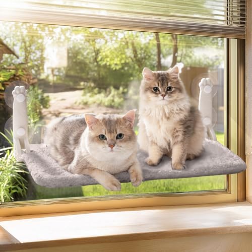 MEWOOFUN Weiche Katzen fensterhängematte – 54x30cm faltbares Katzen fensterbett mit wendbarer Matte, stabile Katzenhängematte hält bis zu 18kg (grau, L) von MEWOOFUN