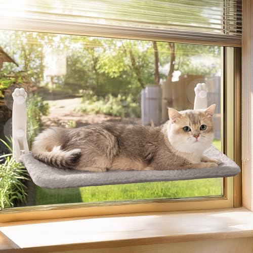 MEWOOFUN Weiche Katzen fensterhängematte – 54x30cm faltbares Katzen fensterbett mit wendbarer Matte, stabile Katzenhängematte hält bis zu 18kg (grau, M) von MEWOOFUN