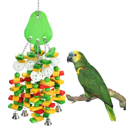 Großes Vogelspielzeug für Papageien, Kauspielzeug mit Glocken und bunten Holzblöcken, Perlen für Aras, Graupapageien und Amazonaspapageien (Avocado-Stil) von MEWTOGO
