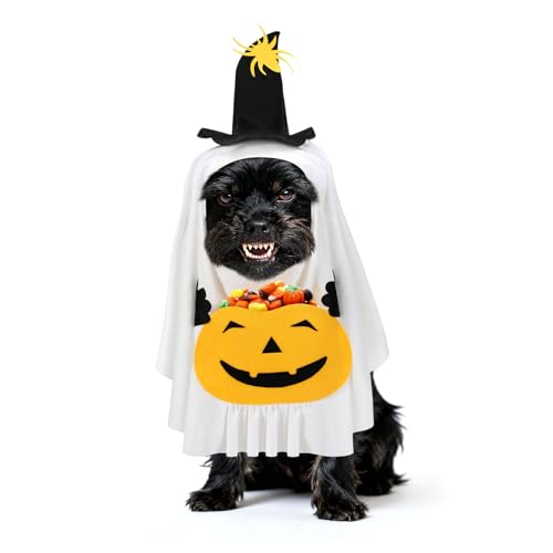 Halloween-Kostüm für Hunde mit Kürbistasche – sicher fixiertes weißes Geisterkostüm mit Klettband, lustiger Umhang für kleine Hunde, Süßes oder Saures, Cosplay-Party Halloween-Kostüm für Hunde mit Kürbistasche – sicher fixiertes weißes Geisterkostüm mit Klettband, lustiger Umhang für kleine Hunde, Süßes oder Saures, Cosplay-Party von MEWTOGO